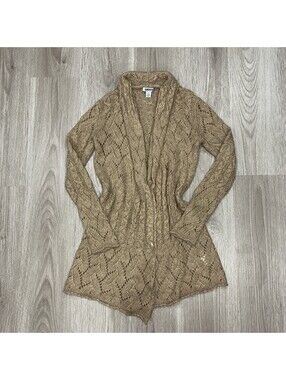 DKNY Open Front Cable KnitCardigan Womens XS Tan Longline Sweater